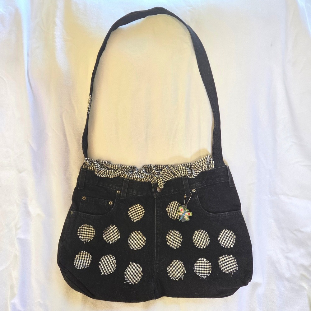Arizona Upcycled Denim Shoulder Bag Women Black w/Gingham Patches